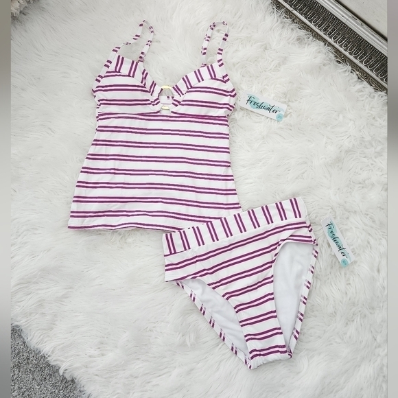 Freshwater Swim Set.  Striped Center Front Ring Tankini &  Banded Hi Leg… - Picture 1 of 6